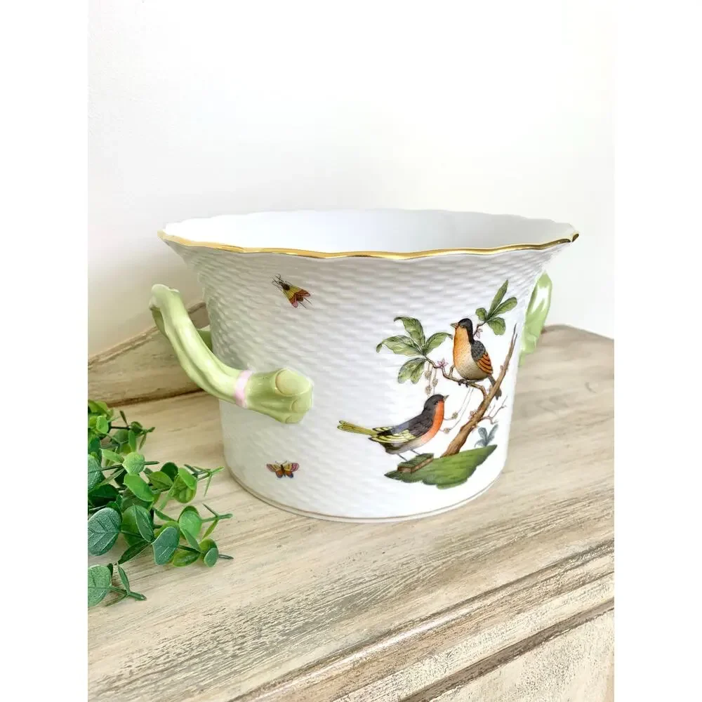 Vintage Herend Rothschild Bird Cachepot Large Hand Painted Porcelain Planter